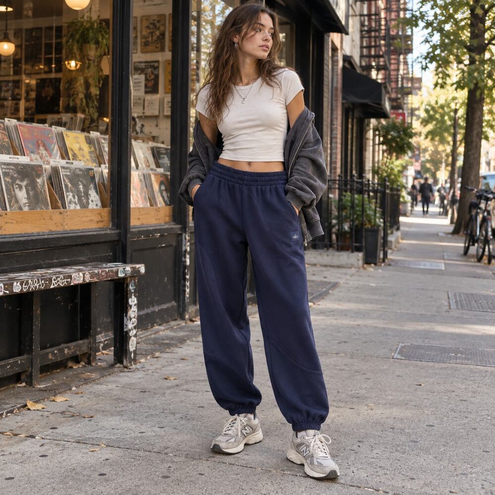 Alo Make Waves Sweatpant Sz XS Oversized Navy Blue Tonal Relaxed Fit Streetwear